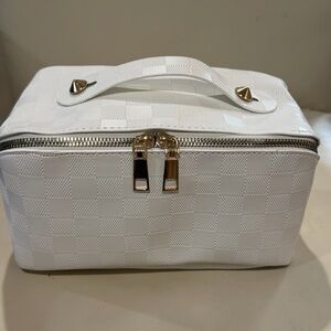 NEW White Check Pattern Top-Handle Cosmetic Bag with Gold Hardware (In Package)